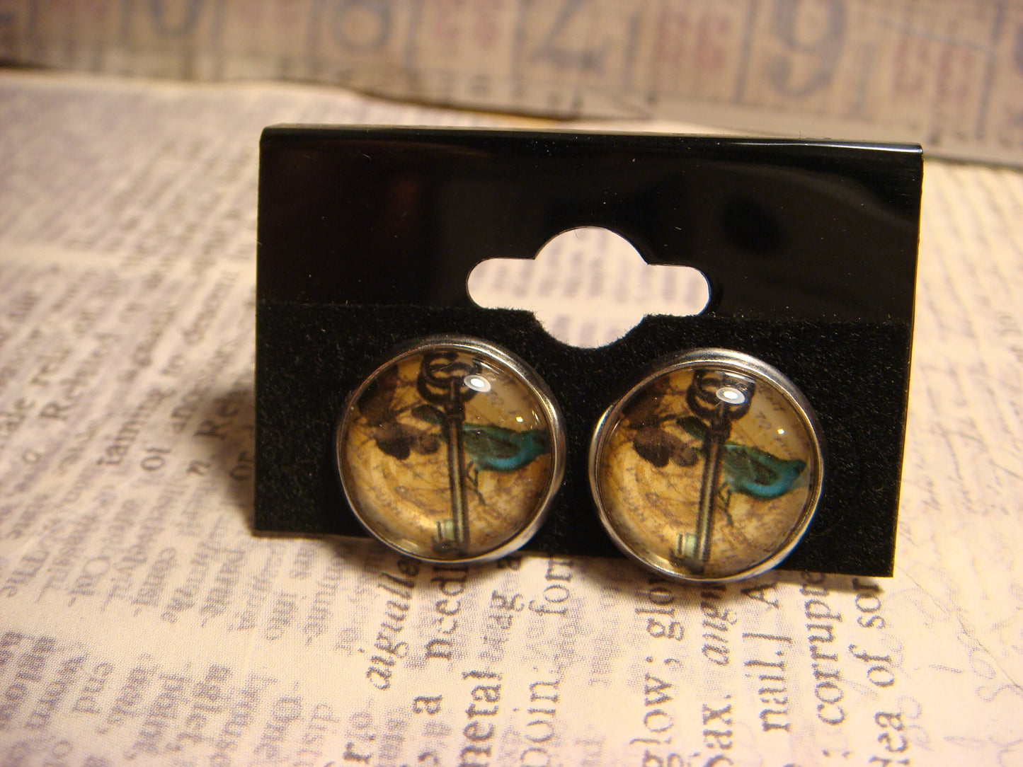 Bluebird Butterfly and Key Image Stainless Steel Stud Earrings