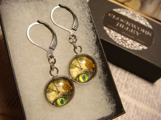 Steampunk Eye Image Stainless Steel Dangle Earrings