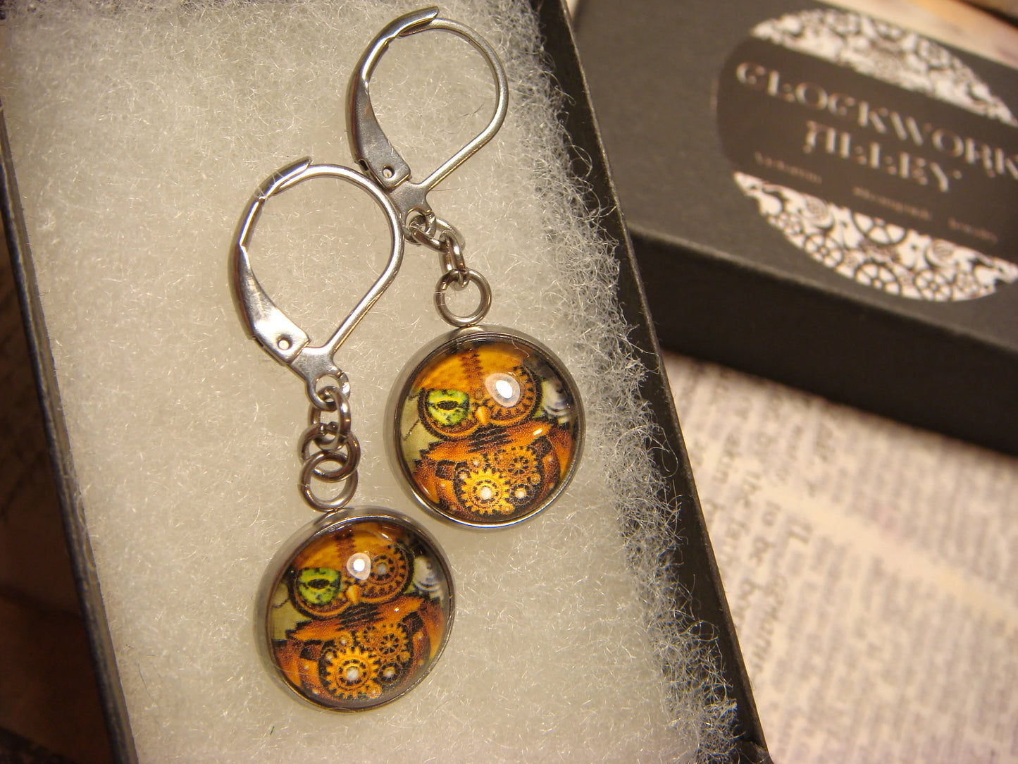 Steampunk Owl Image Stainless Steel Dangle Earrings