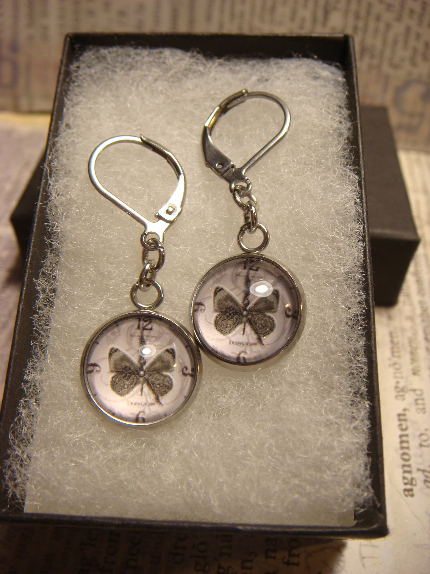 Butterfly Clock Image Stainless Steel Dangle Earrings