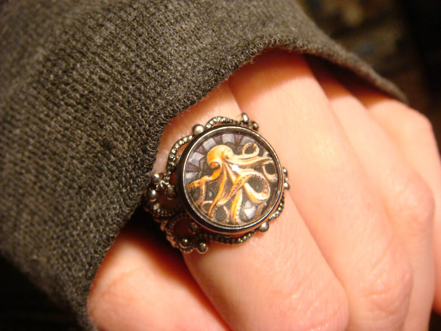 Octopus Image Filigree Ring in Antique Silver - Adjustable