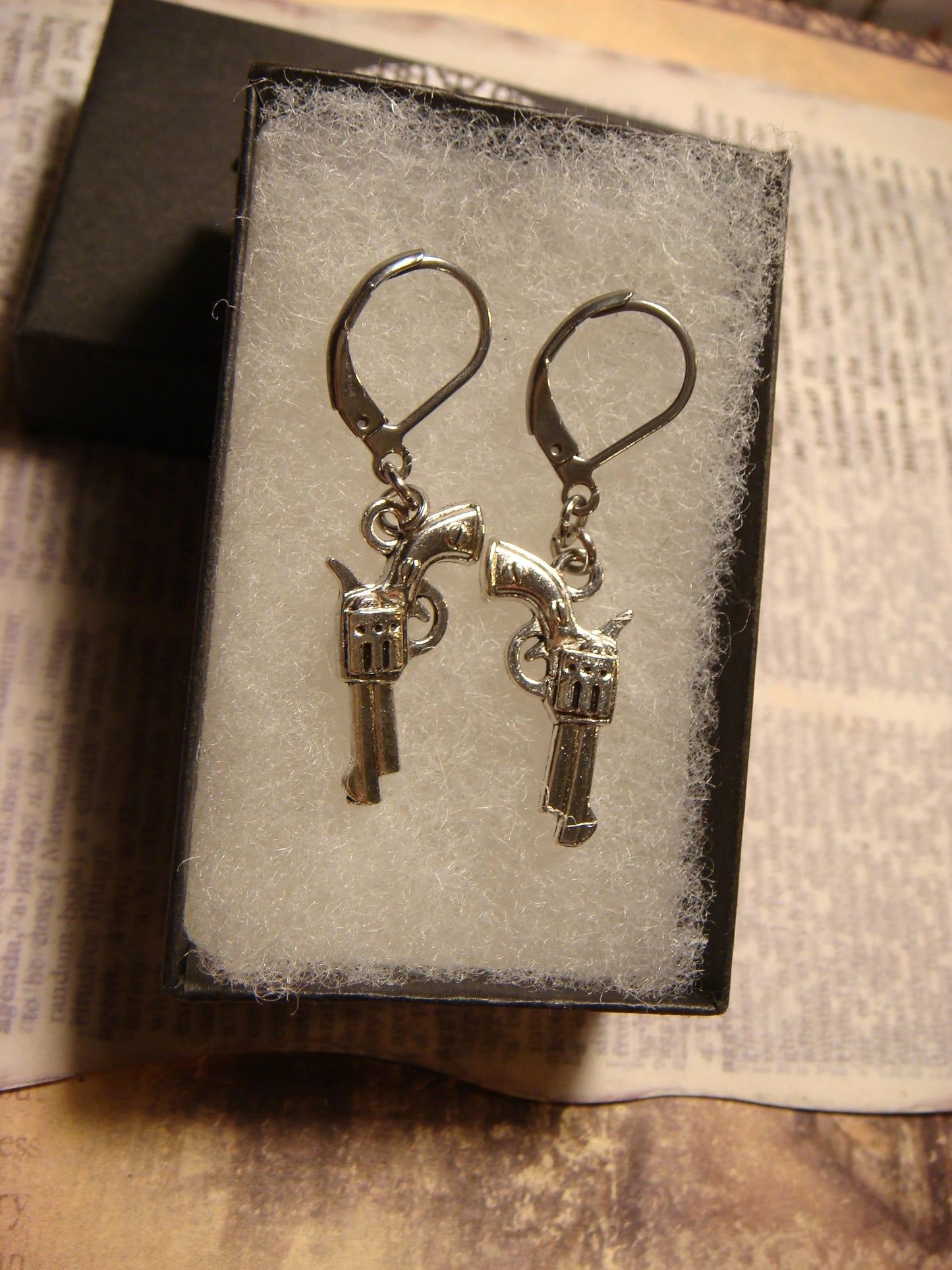 Revolver Gun Dangle Earrings in Antique Silver