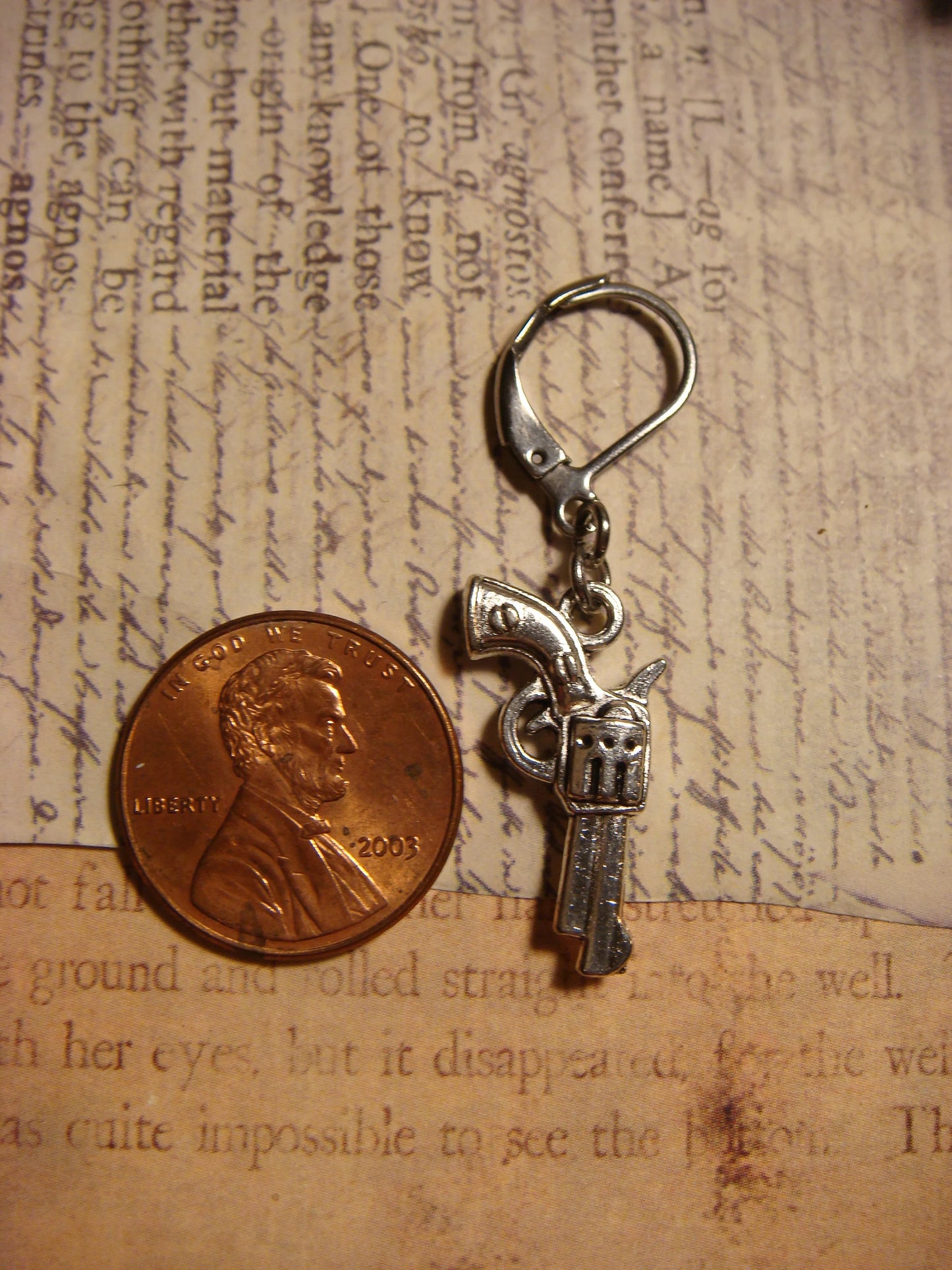 Revolver Gun Dangle Earrings in Antique Silver