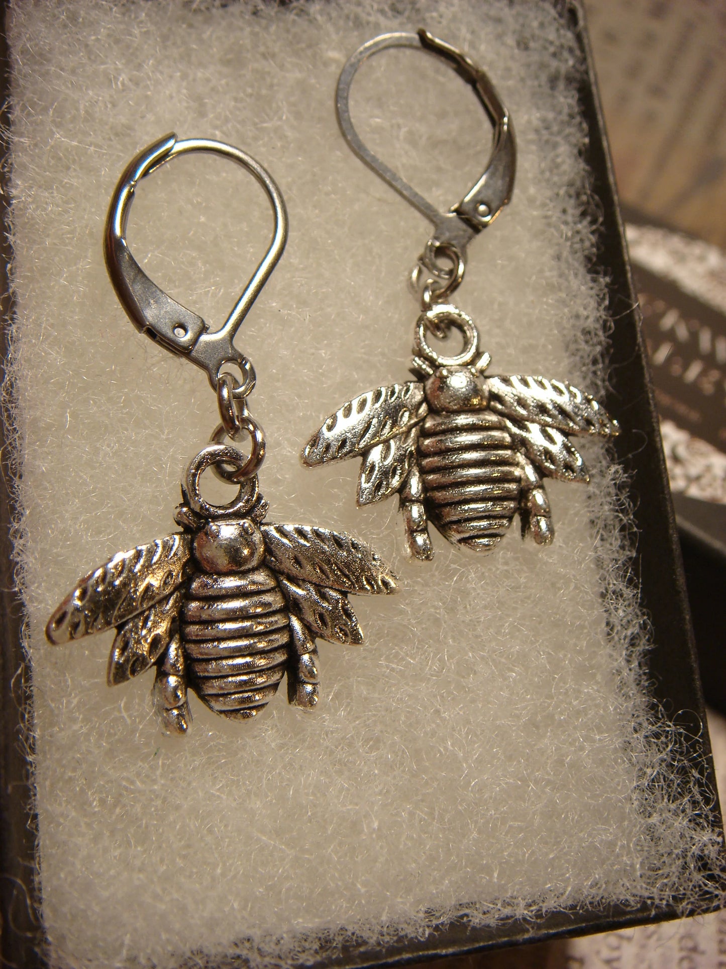 Bee Dangle Earrings in Antique Silver