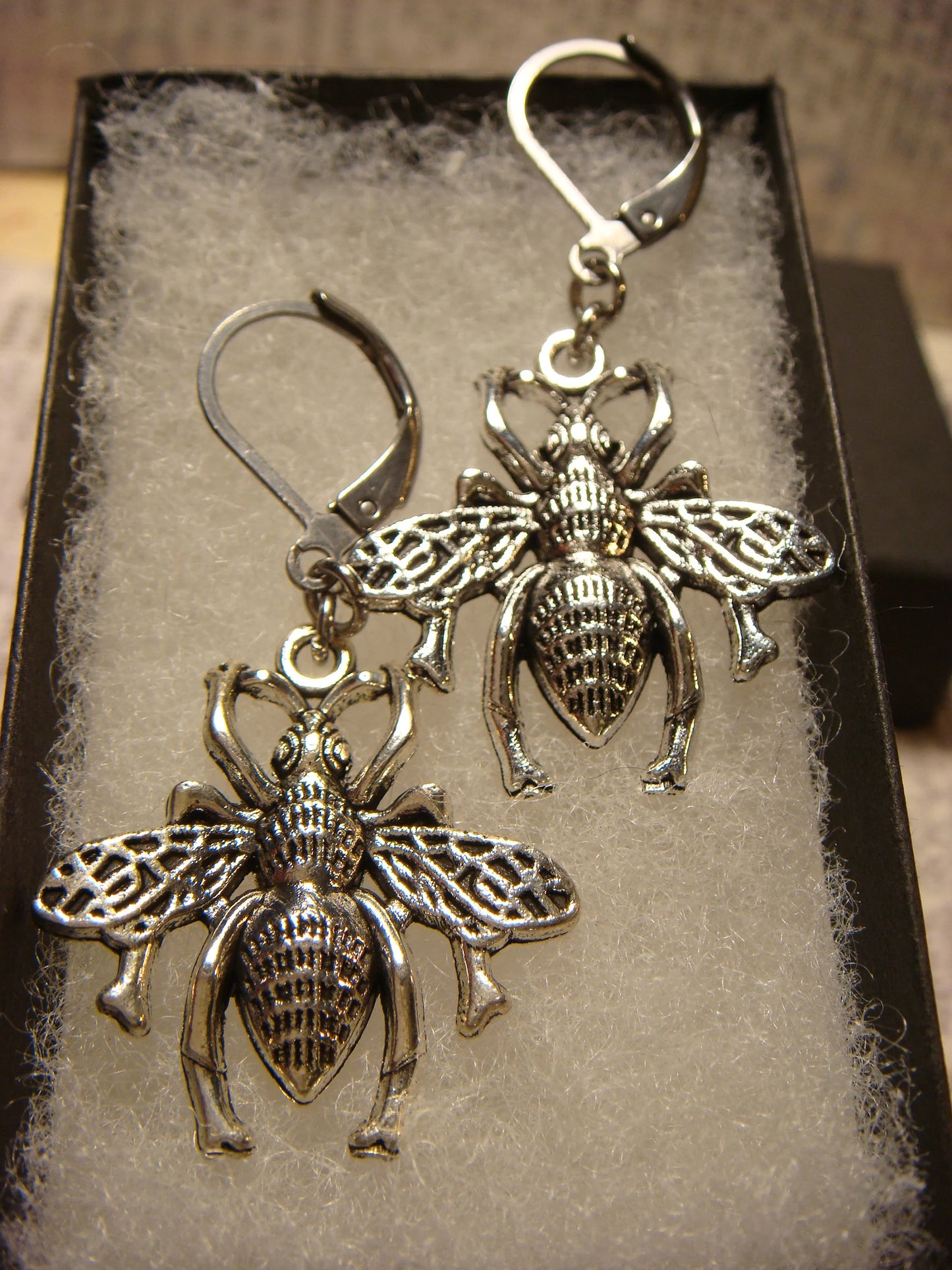 Bee Dangle Earrings in Antique Silver