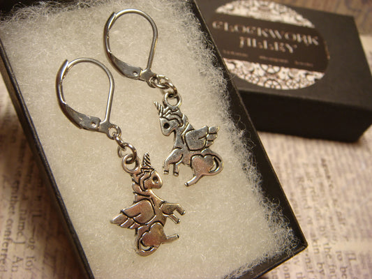 Winged Unicorn Dangle Earrings in Antique Silver