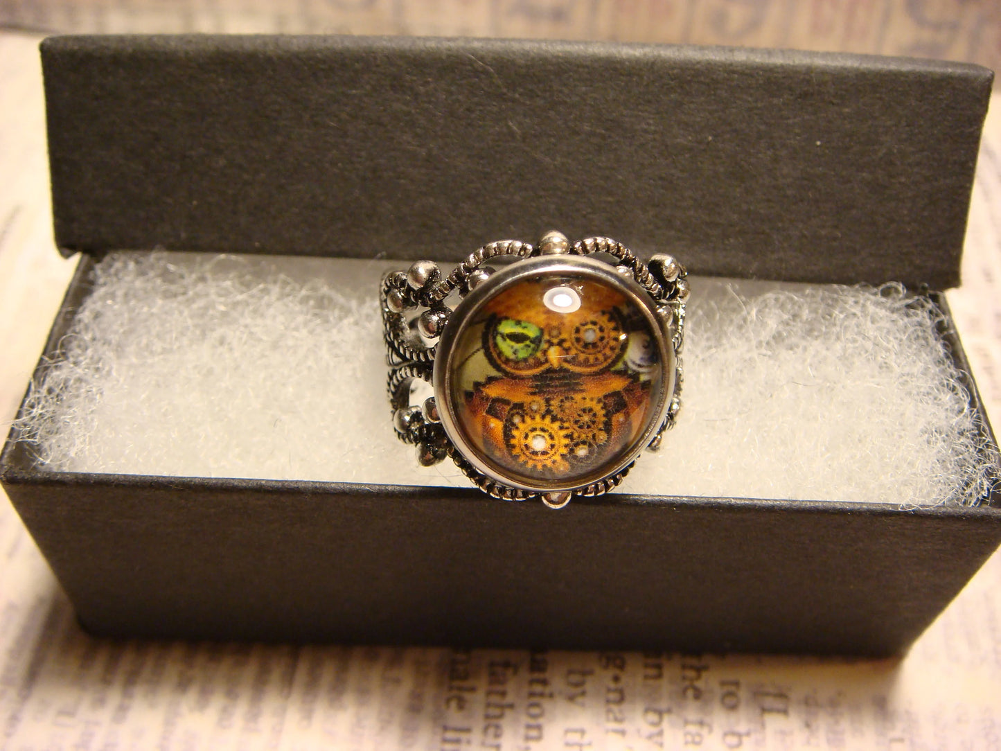 Steampunk Owl Image Filigree Ring in Antique Silver - Adjustable