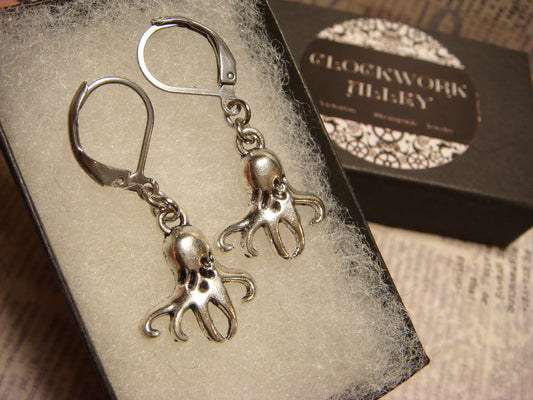 Octopus Dangle Earrings in Antique Silver