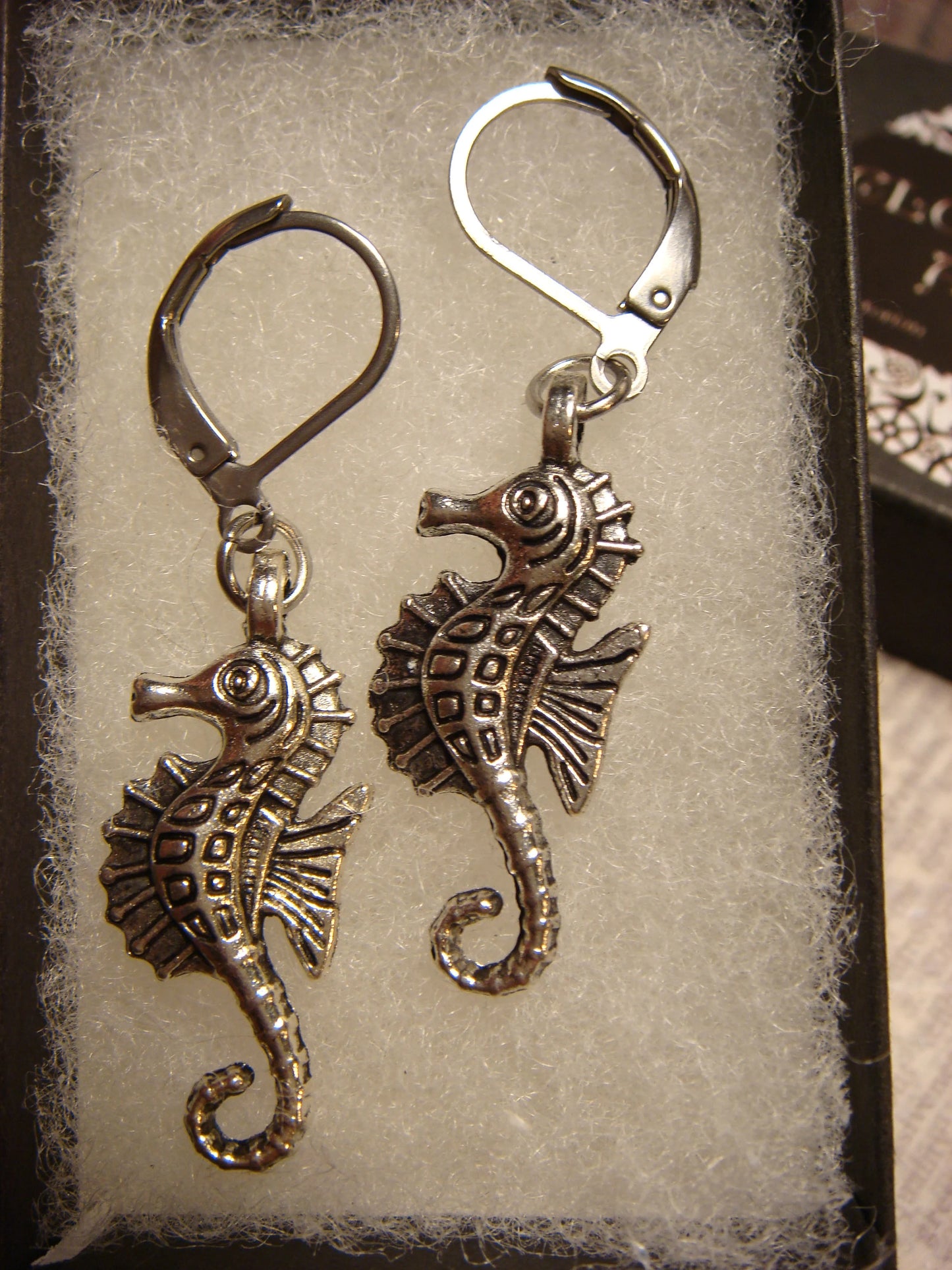 Seahorse Dangle Earrings in Antique Silver