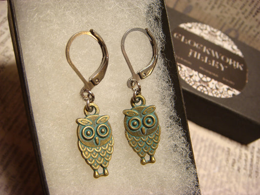 Patina Owl Dangle Earrings in Antique Bronze