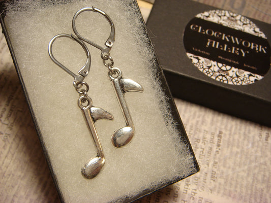 Music Note Dangle Earrings in Antique Silver