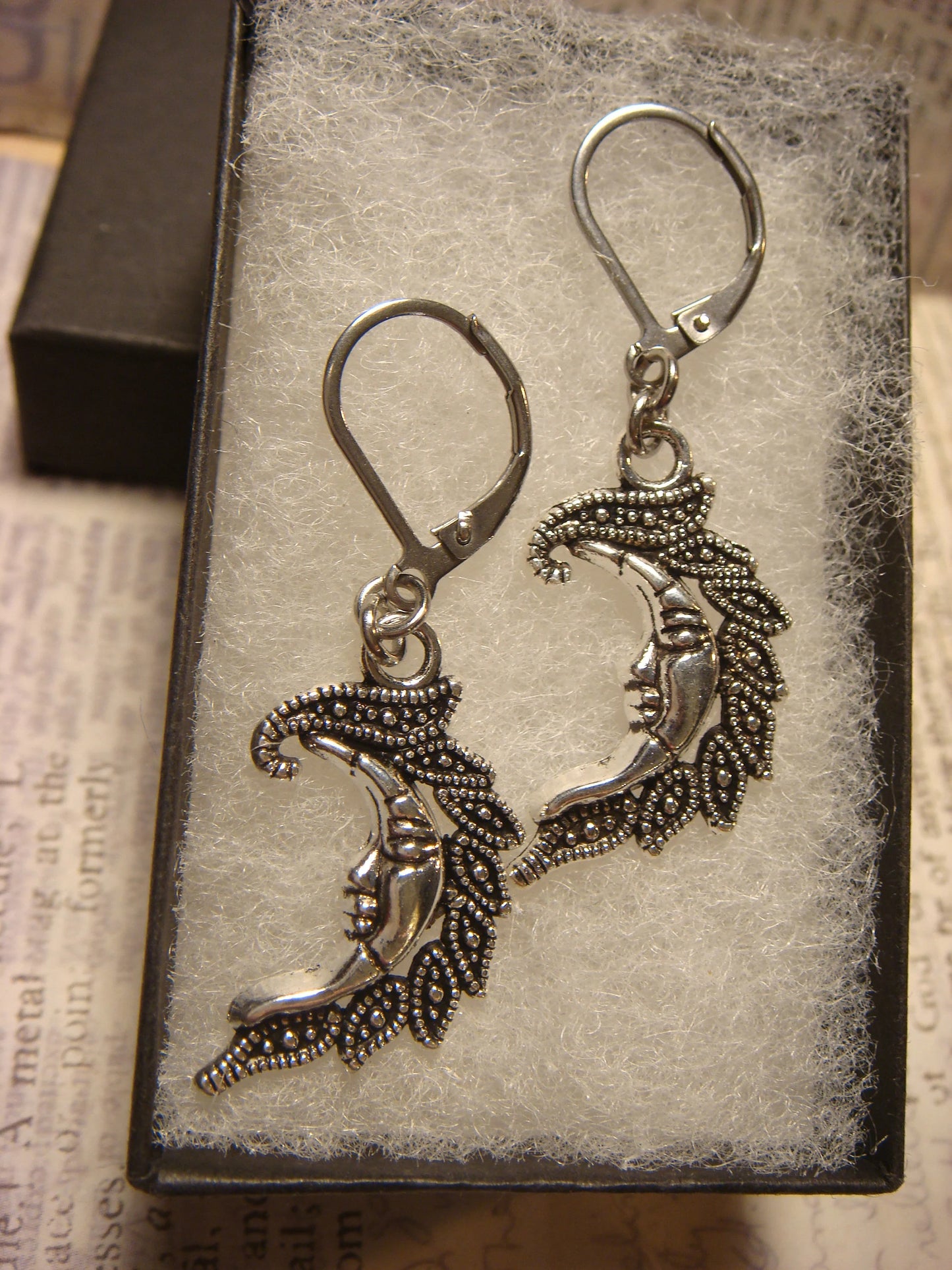 Moon Face Dangle Earrings in Antique Silver