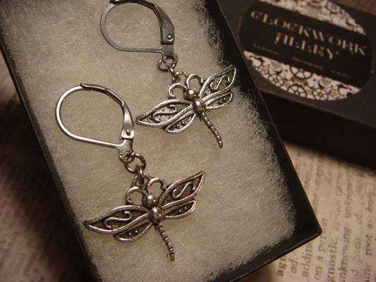 Dragonfly Dangle Earrings in Antique Silver