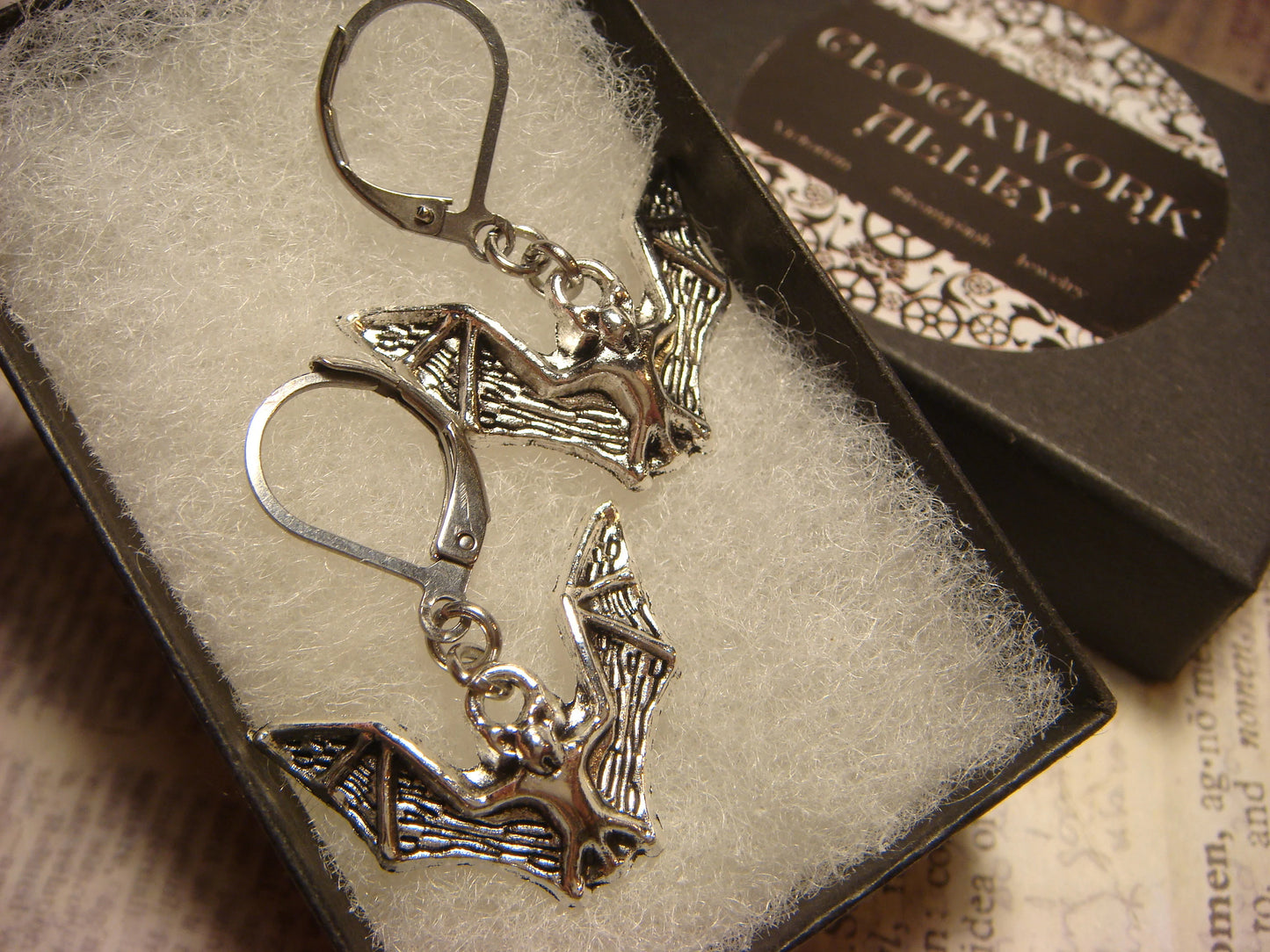 Bat Dangle Earrings in Antique Silver