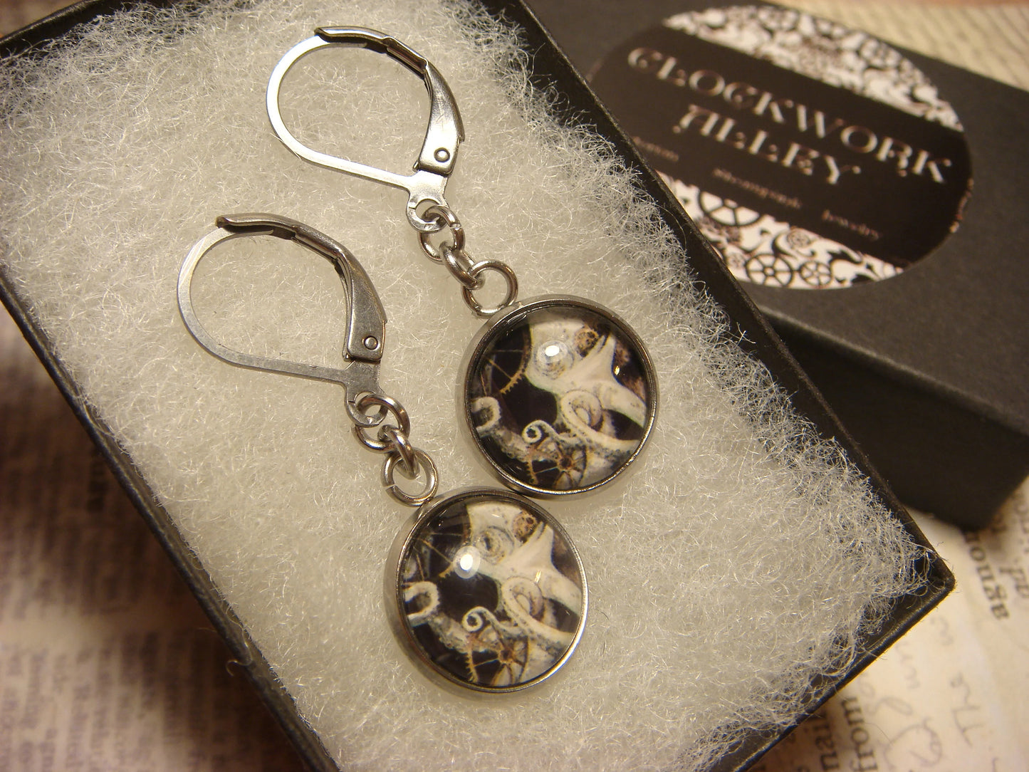 Steampunk Octopus Image Stainless Steel Dangle Earrings