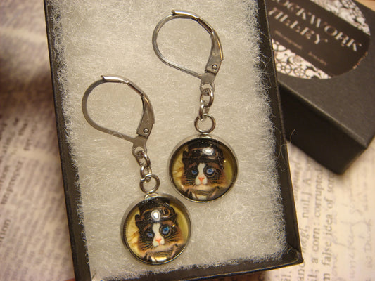 Steampunk Cat Stainless Steel Dangle Earrings