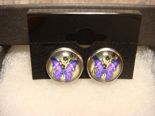 Purple Butterfly Image Stainless Steel Stud Earrings