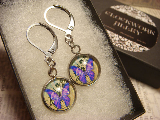 Purple Butterfly Image Stainless Steel Dangle Earrings