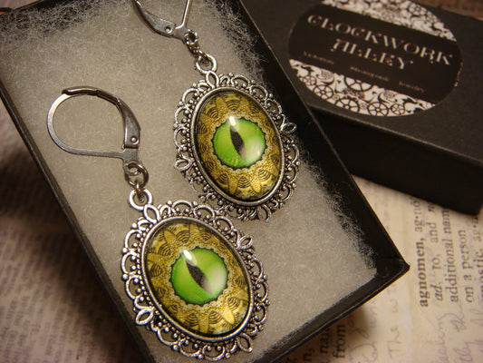 Green Eye Image Ornate Dangle Earrings