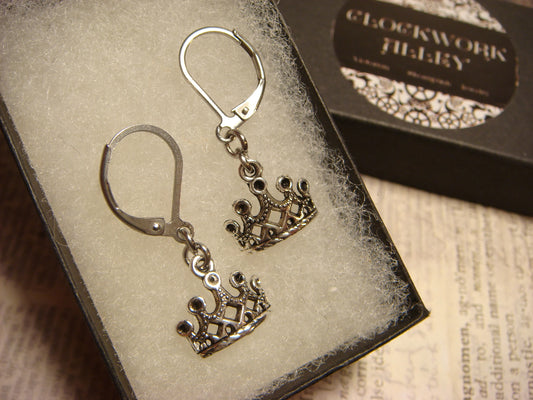 Crown Dangle Earrings in Antique Silver