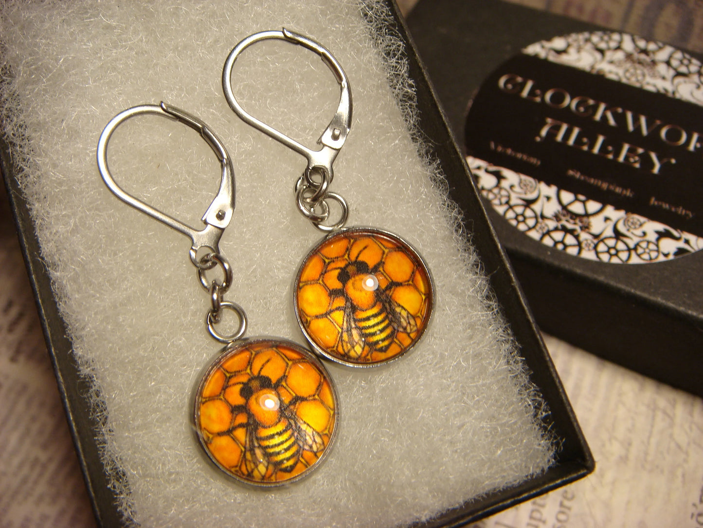 Honeycomb Bee Image Stainless Steel Dangle Earrings