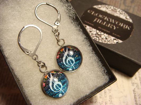 Floral Treble Clef Image Stainless Steel Dangle Earrings