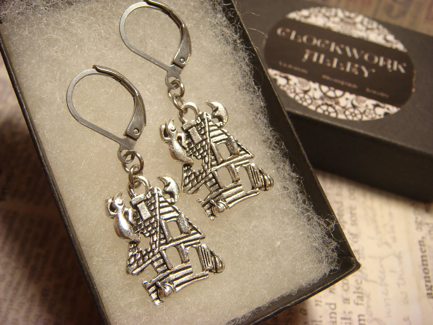 Haunted House Dangle Earrings in Antique Silver