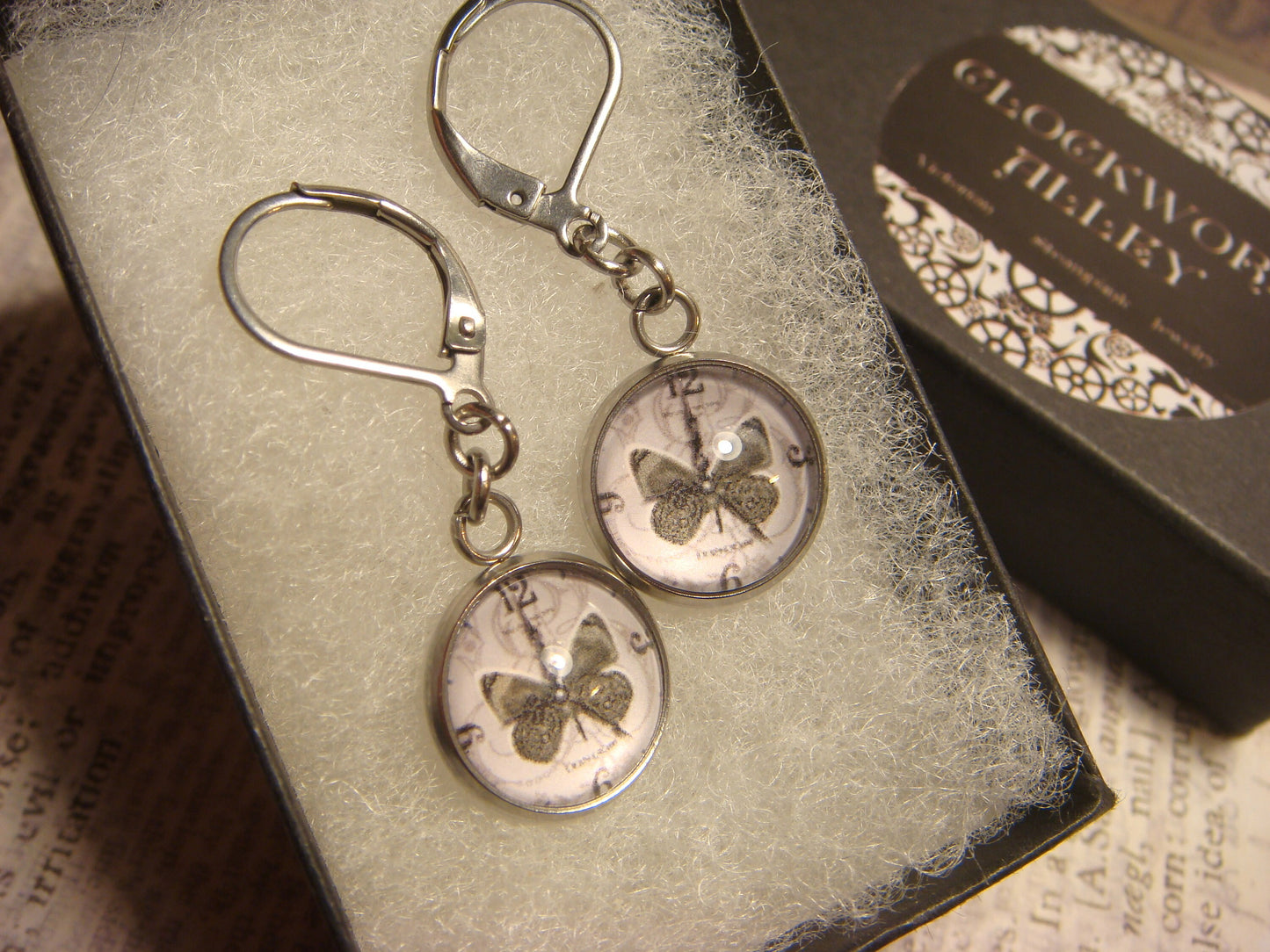 Butterfly Clock Image Stainless Steel Dangle Earrings