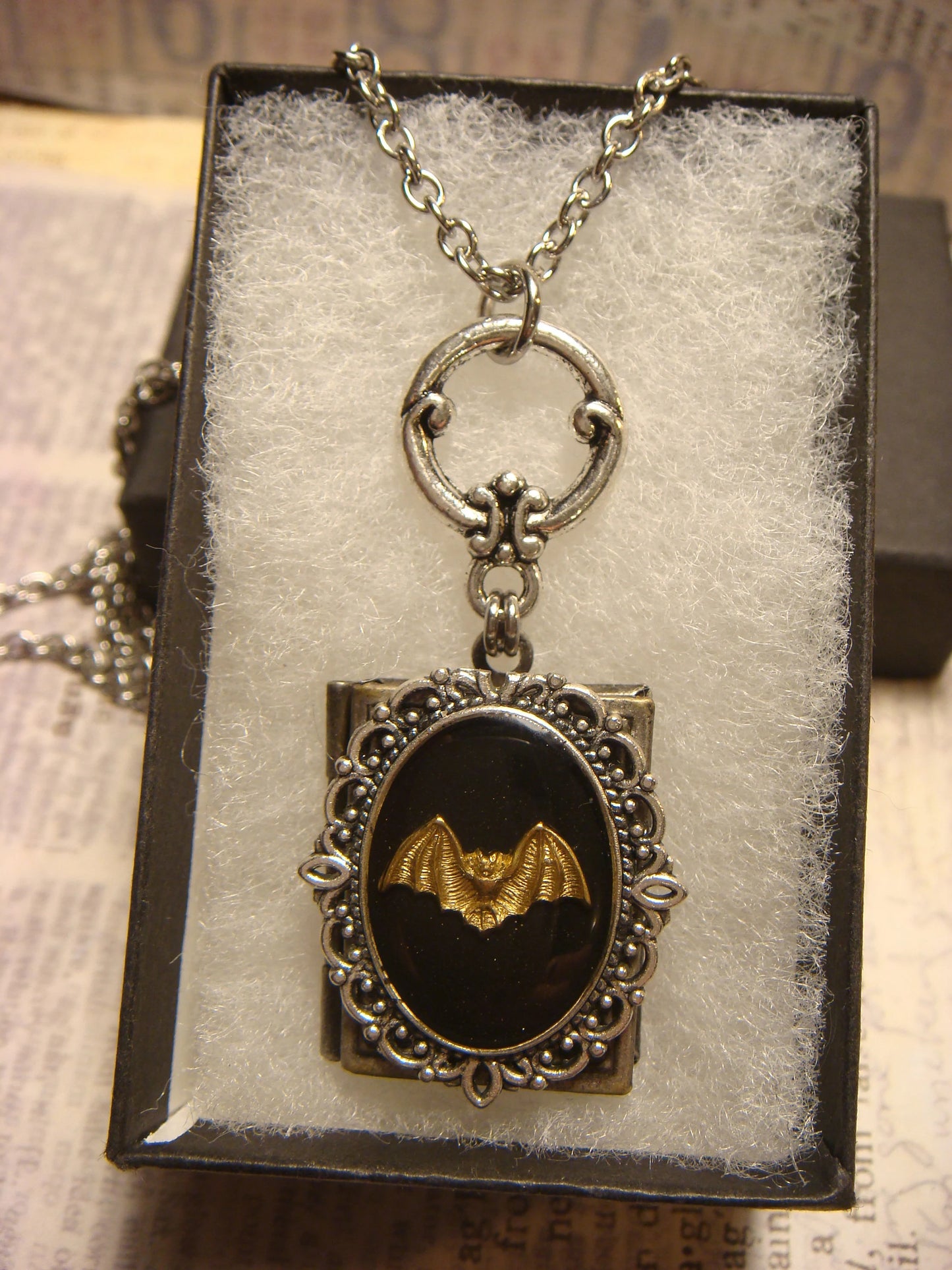 Bat Ornate Book Locket Necklace