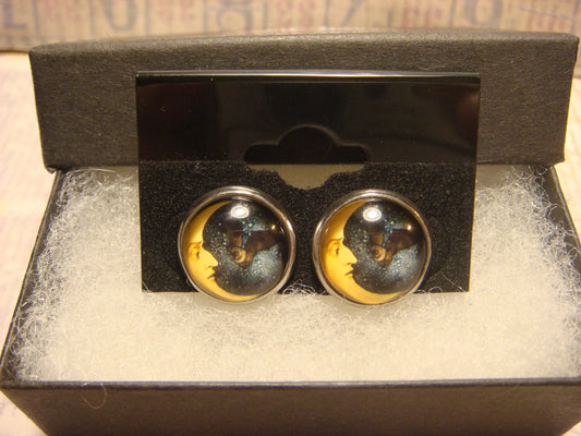 Moon with Bat Image Stainless Steel Stud Earrings