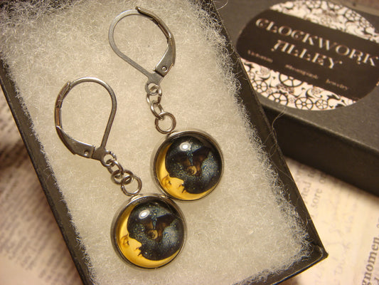 Moon with Bat Image Stainless Steel Dangle Earrings