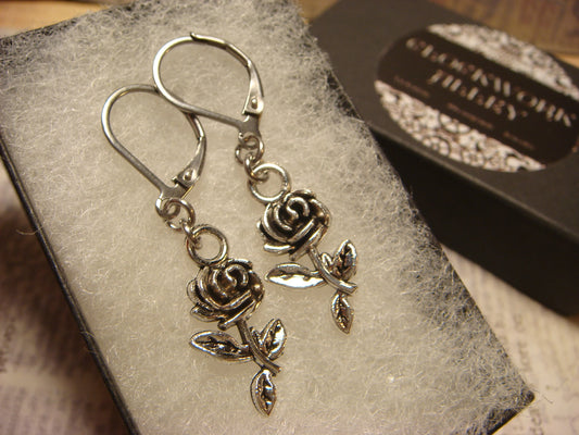 Rose Dangle Earrings in Antique Silver