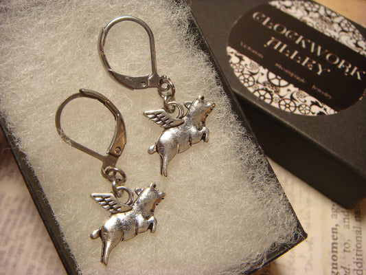 Flying Pig Dangle Earrings in Antique Silver