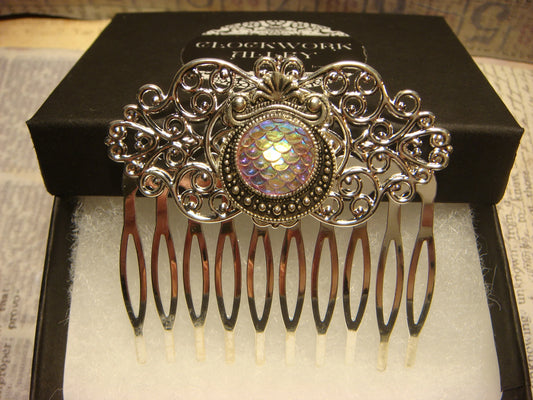 Iridescent Pink Scales Hair Comb in Silver