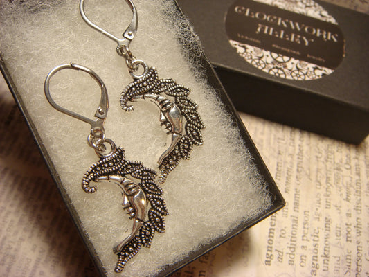 Moon Face Dangle Earrings in Antique Silver