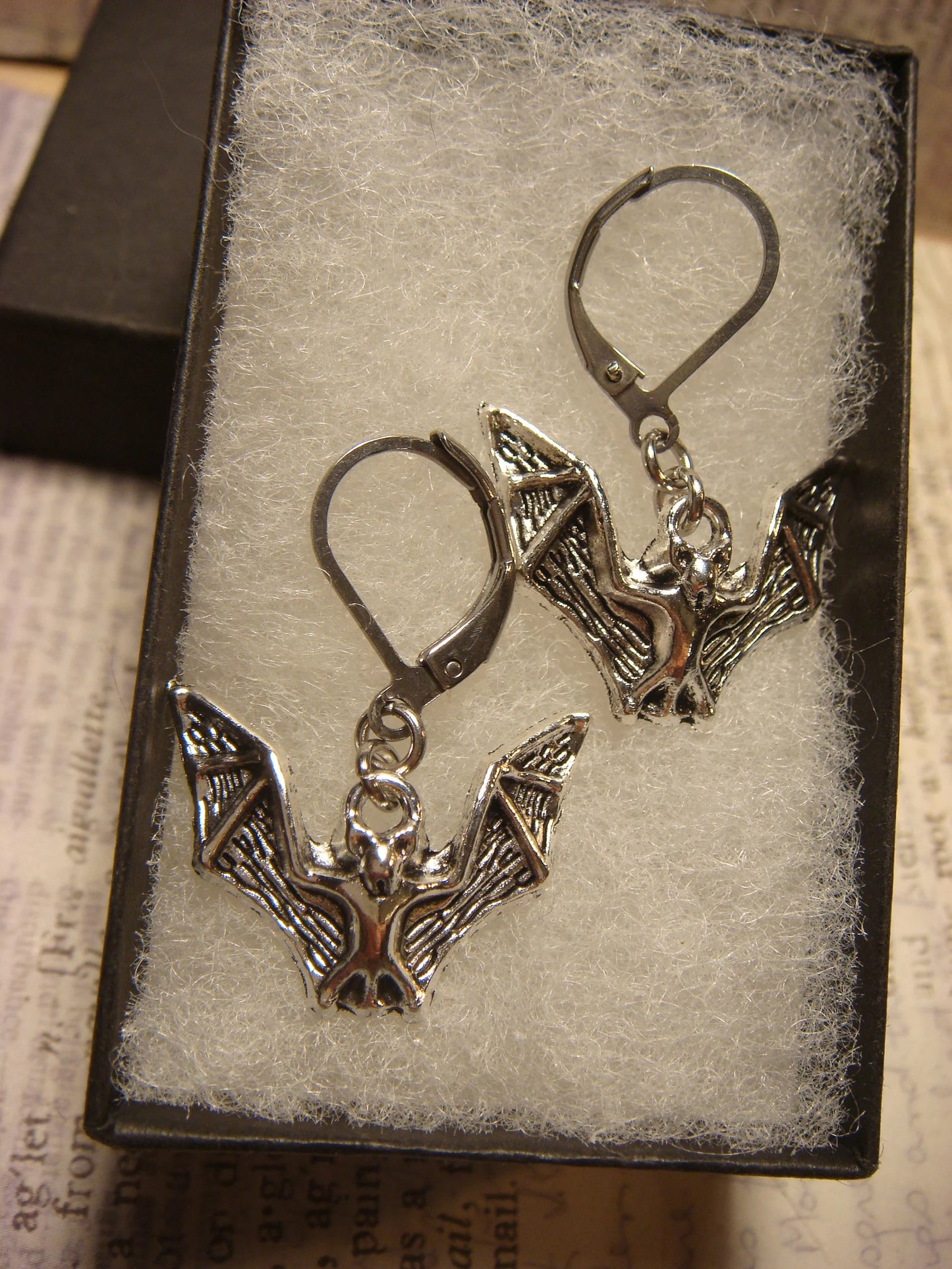 Bat Dangle Earrings in Antique Silver