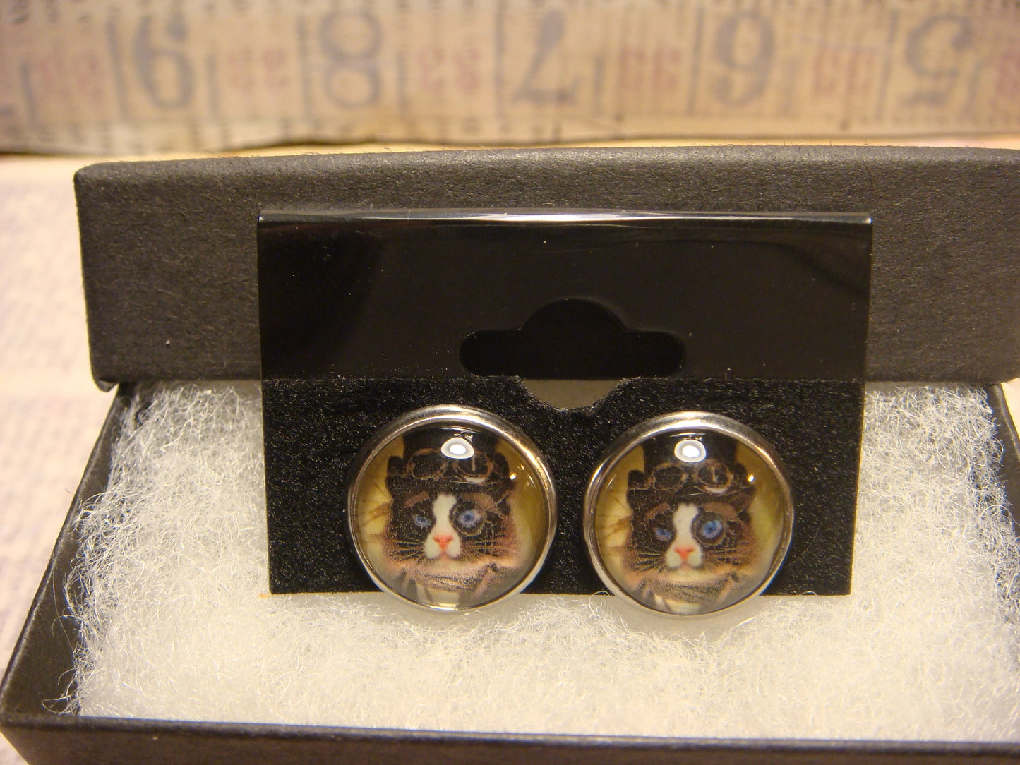 Steampunk Cat Image Stainless Steel Stud Earrings