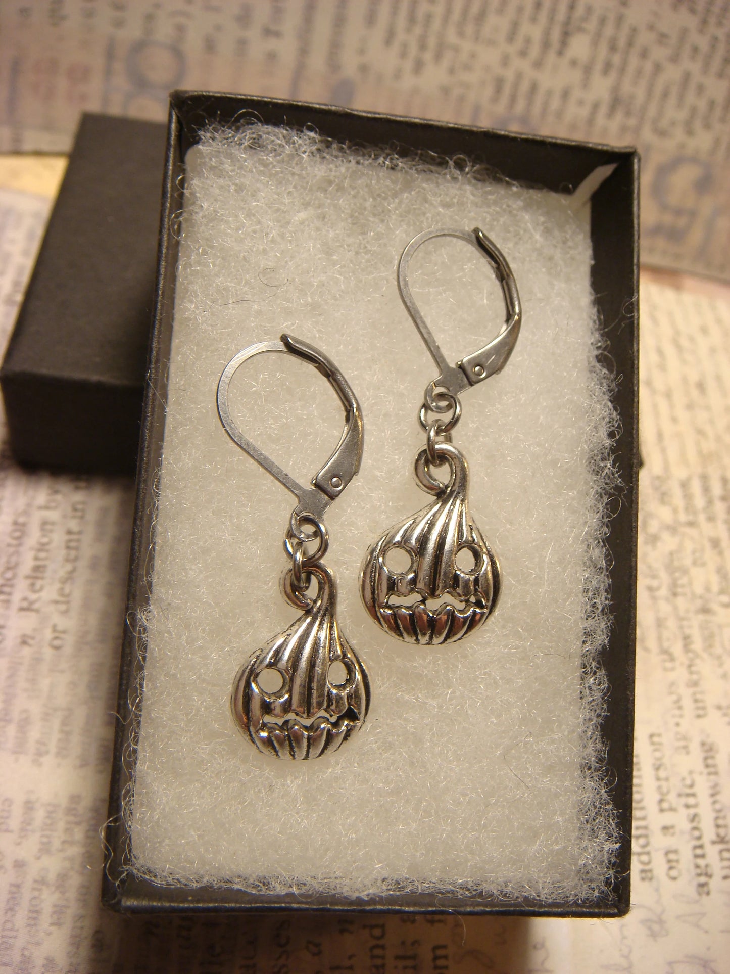 Jack-o-Lantern Pumpkin Dangle Earrings in Antique Silver