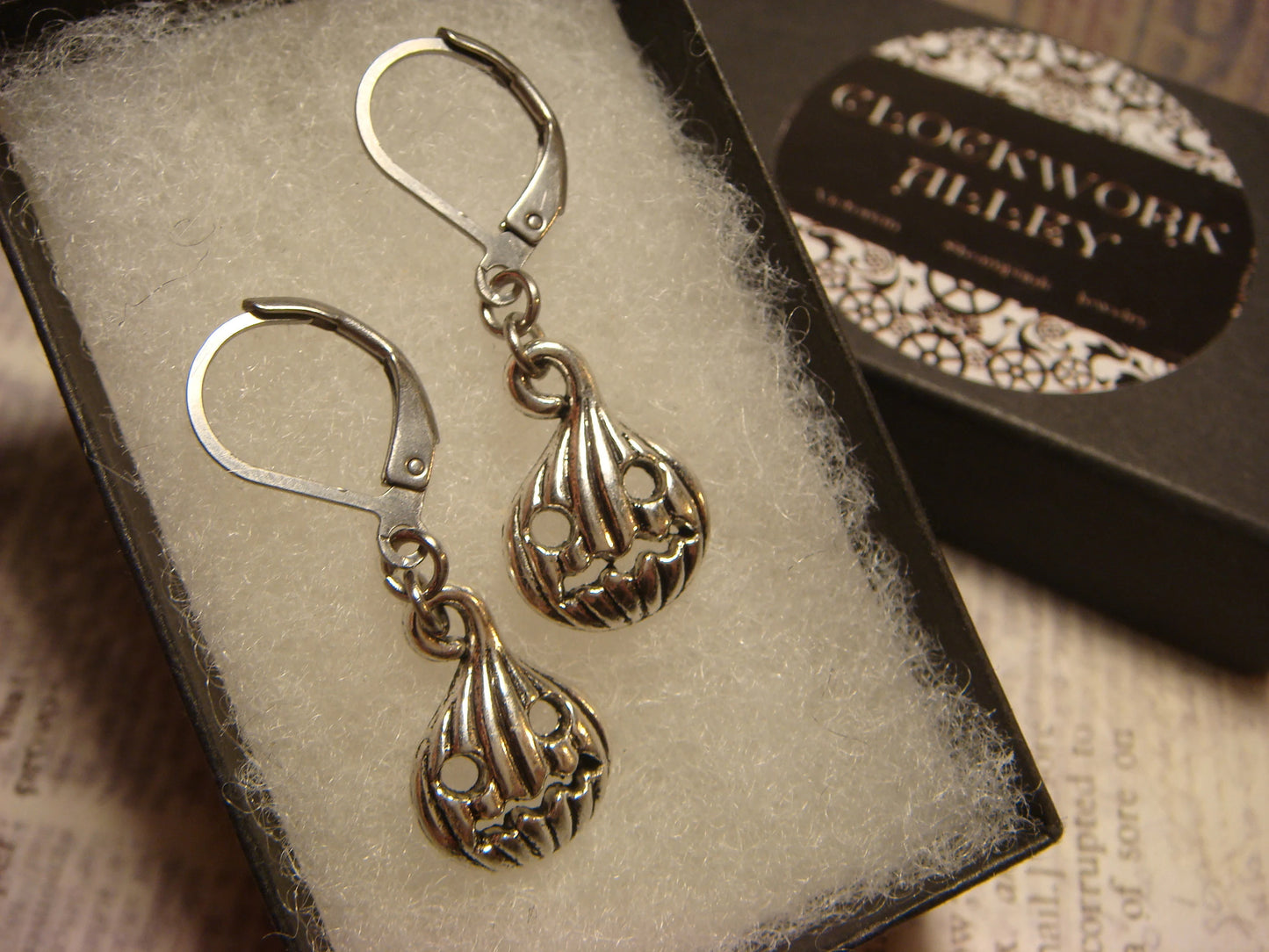 Jack-o-Lantern Pumpkin Dangle Earrings in Antique Silver