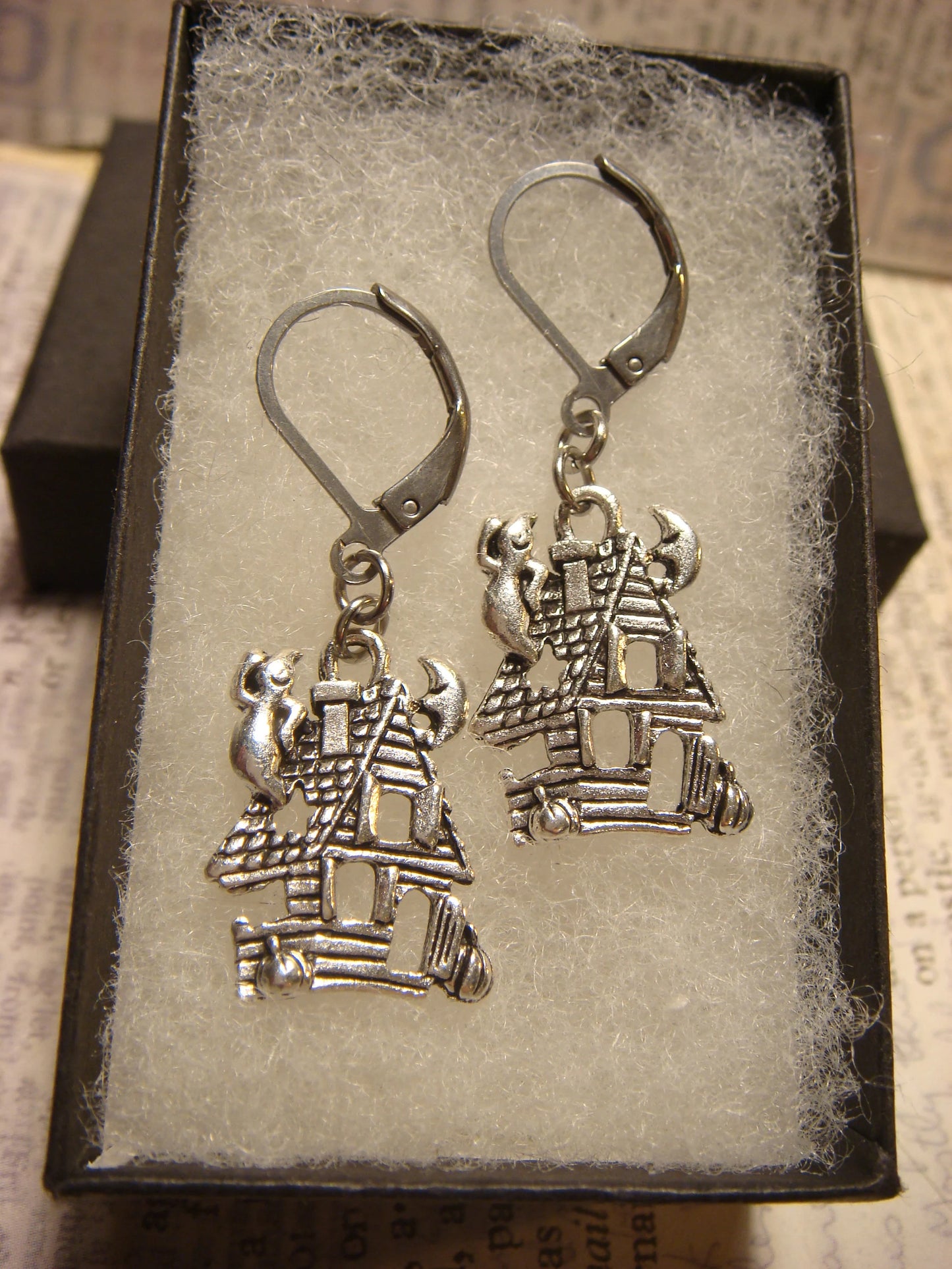 Haunted House Dangle Earrings in Antique Silver