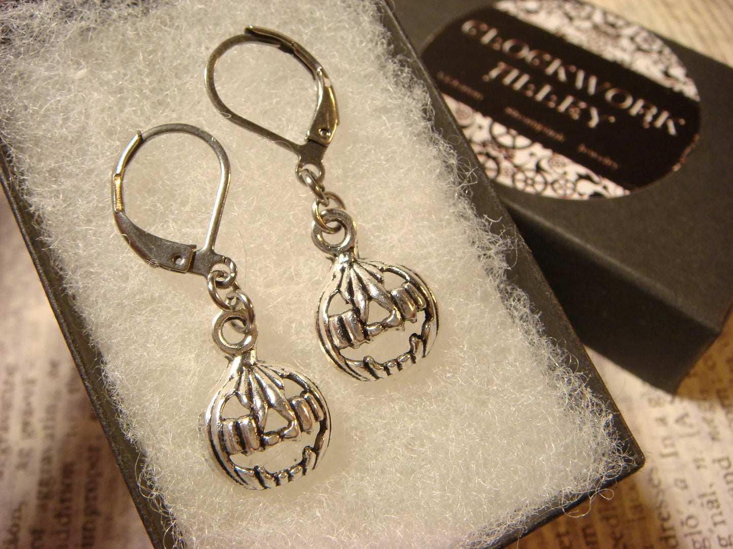 Jack-o-Lantern Pumpkin Dangle Earrings in Antique Silver