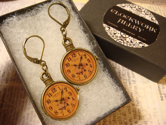 Clock Charm Dangle Earrings in Antique Bronze