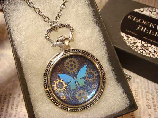 Butterfly and Gears Pocket Watch Pendant Necklace