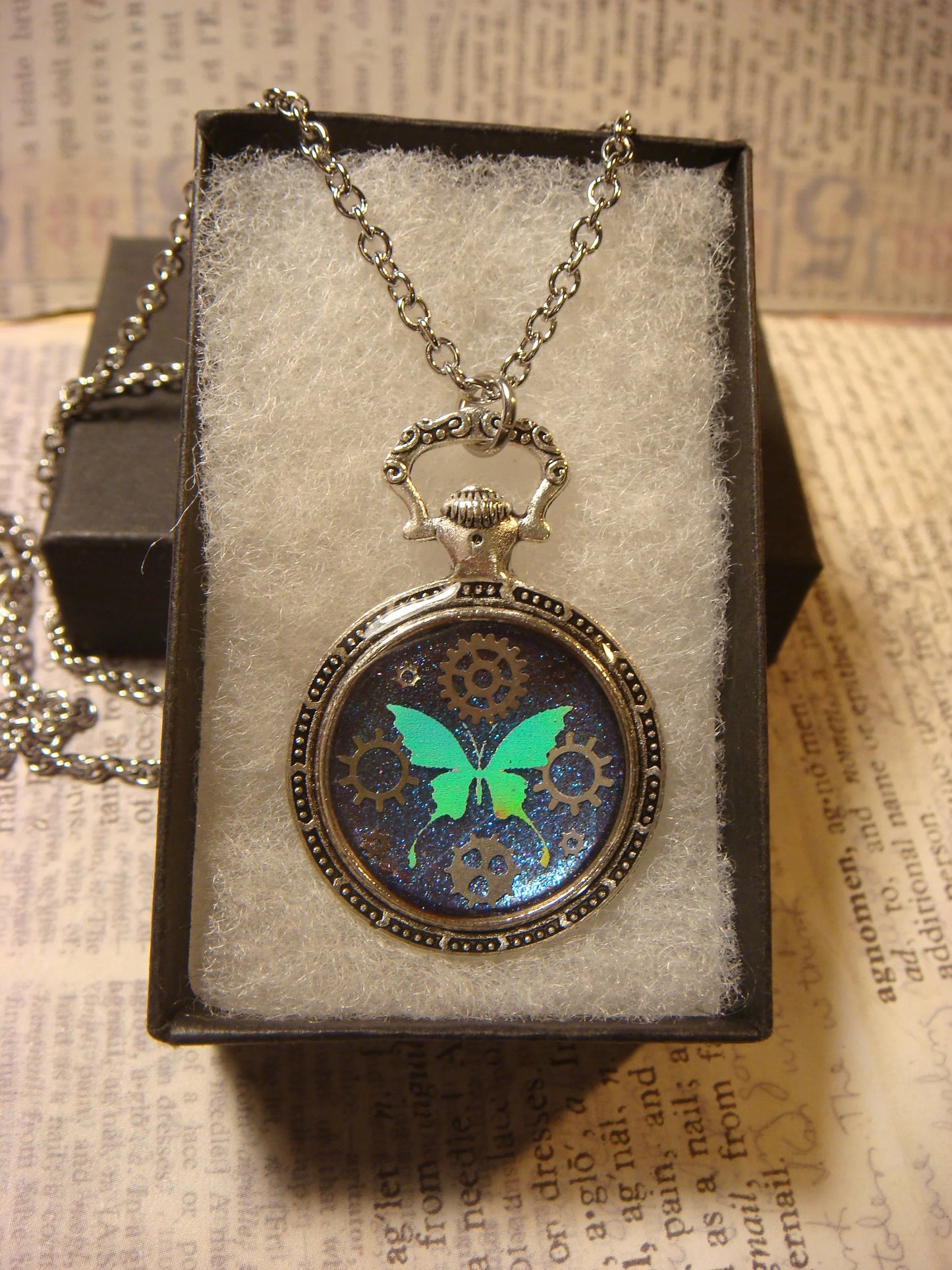 Butterfly and Gears Pocket Watch Pendant Necklace