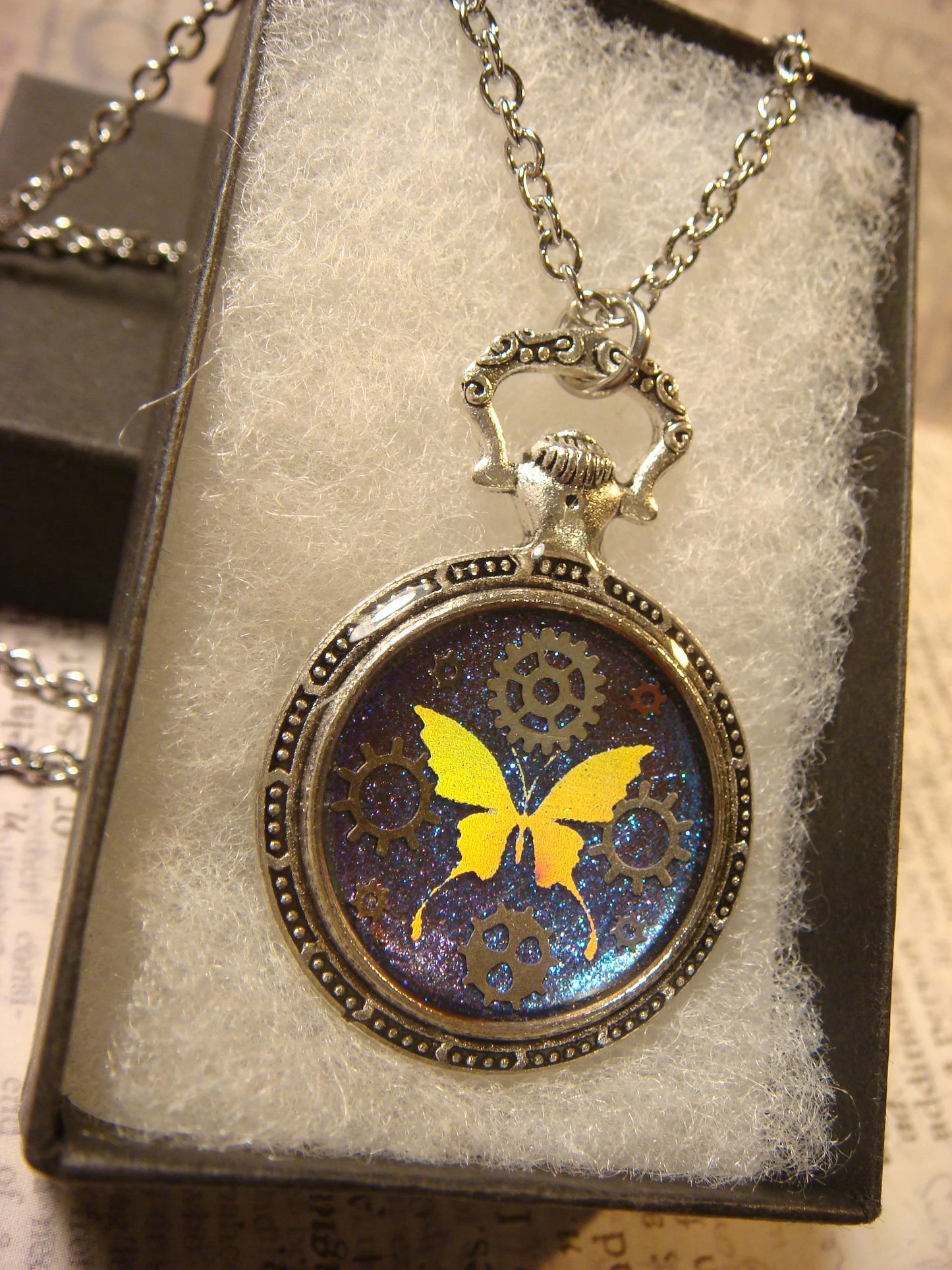 Butterfly and Gears Pocket Watch Pendant Necklace