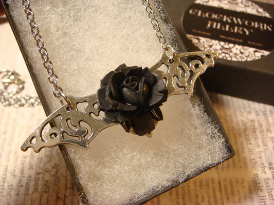 Black Rose on Ornate Wings Necklace