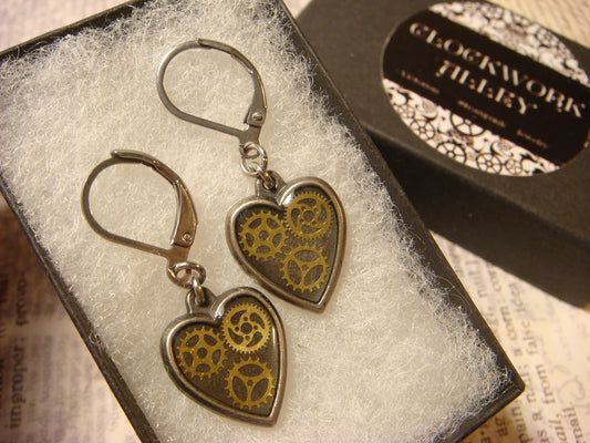 Heart Gears Dangle Earrings in Antique Bonze