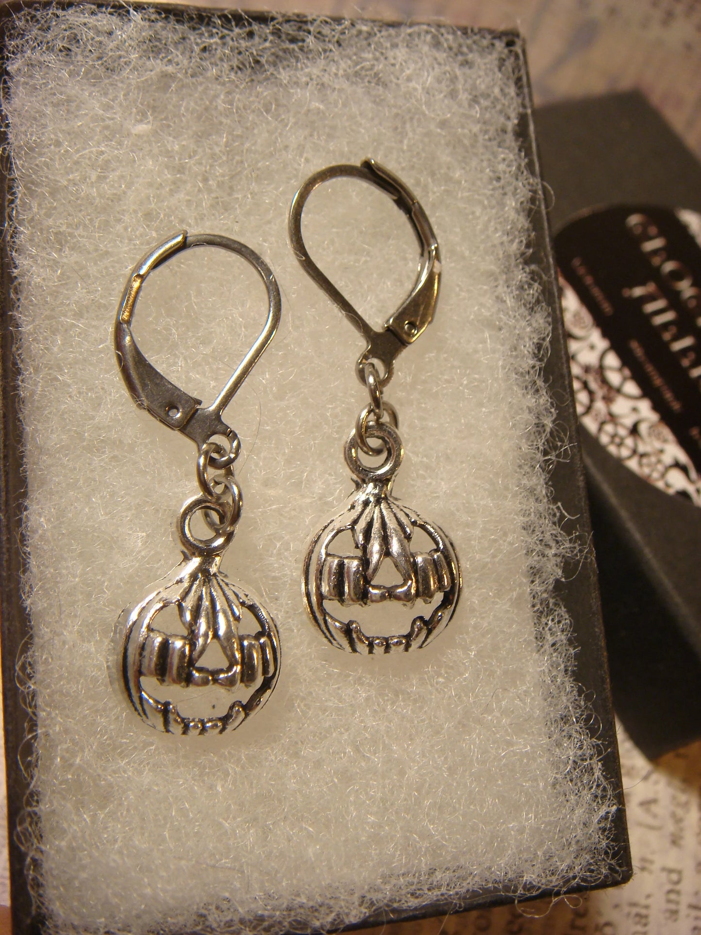 Jack-o-Lantern Pumpkin Dangle Earrings in Antique Silver