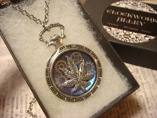 Cannabis Leaf and Gears Pocket Watch Pendant Necklace