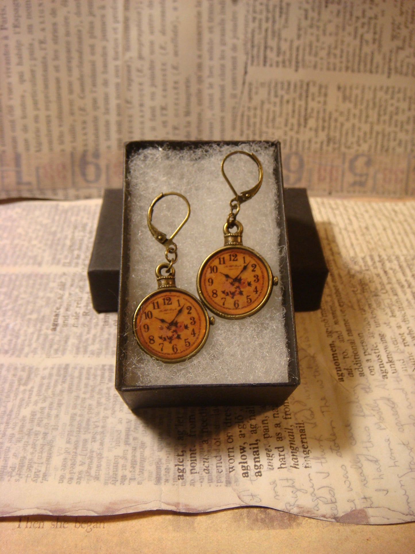 Clock Charm Dangle Earrings in Antique Bronze